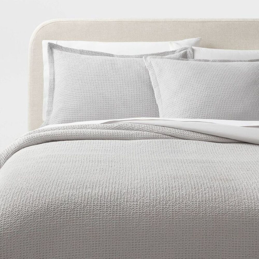 Full/Queen Washed Waffle Weave Duvet Cover and Sham Set Light Gray - Threshold